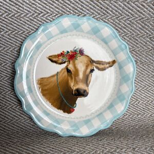 Pioneer Woman Aqua Gingham Brown Cow Floral Dessert Biscuit Plate Cottagecore 7"